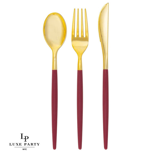 Luxe Party - Cranberry • Gold Plastic Cutlery Set | 32 Pieces