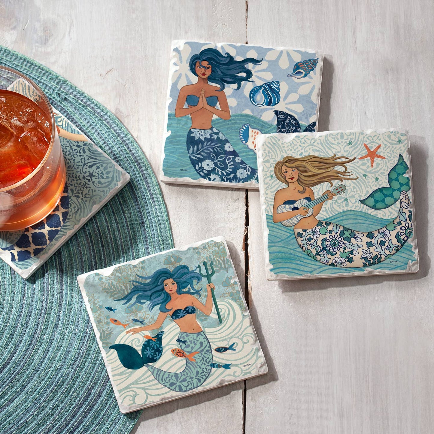 CounterArt/Highland Home/Thirstystone - Mermaid Island Assorted Image Tumbled Tile Coaster 4 Pack