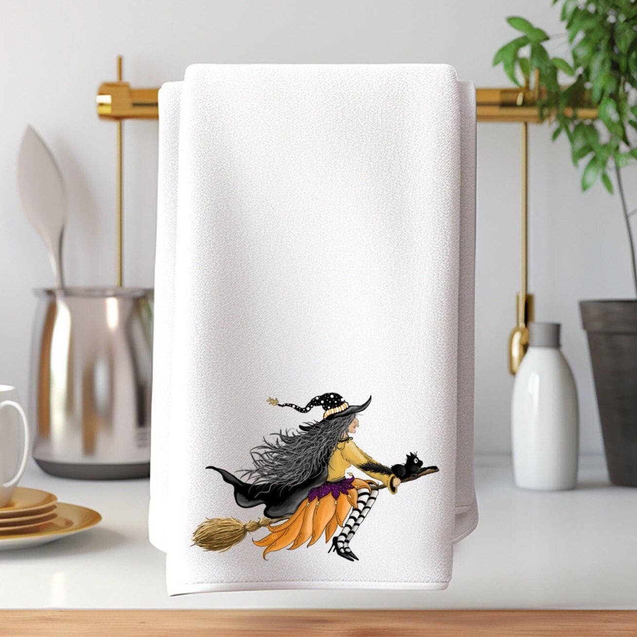 Fernville Creations - Halloween Witch & Broom Hand Tea Towel for Home Decor