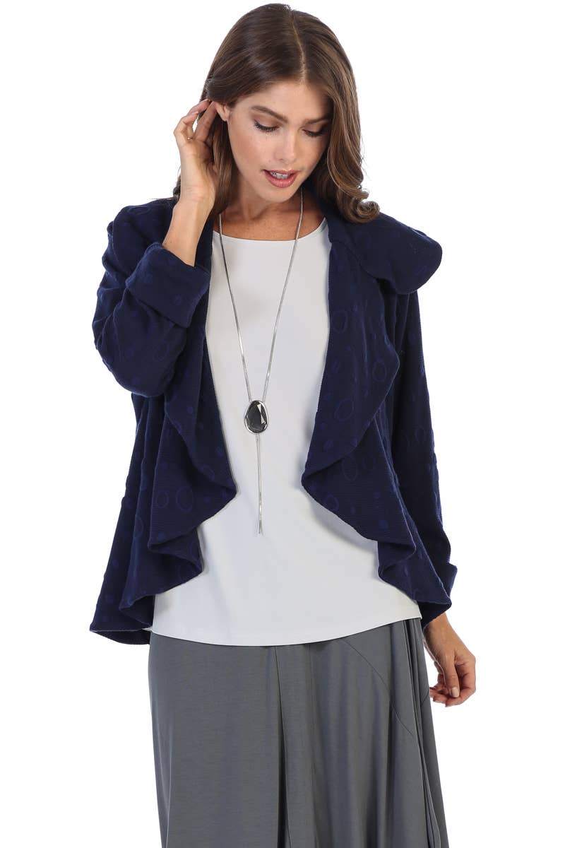 Focus Fashion - Flyaway Cardigan with Texture Wide Collar: NAVY / S