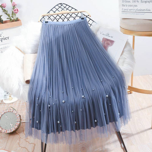 PEACH ACCESSORIES - Elegant Pleated Midi Skirt with Pearl Details SK209: Blue