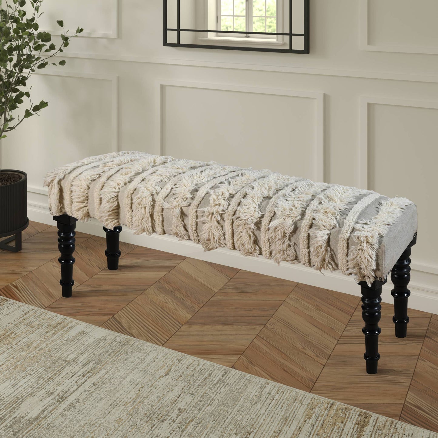 LR Home - Modern Stripped Cream Tufted Indoor Bench: Cream