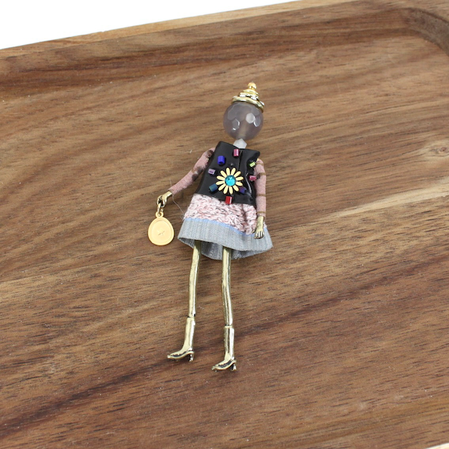 Pretty Persuasions - B24109C Stone Adorned French Doll Stainless Steel Brooch: 06 SL/ Pink Leaf/Plaid