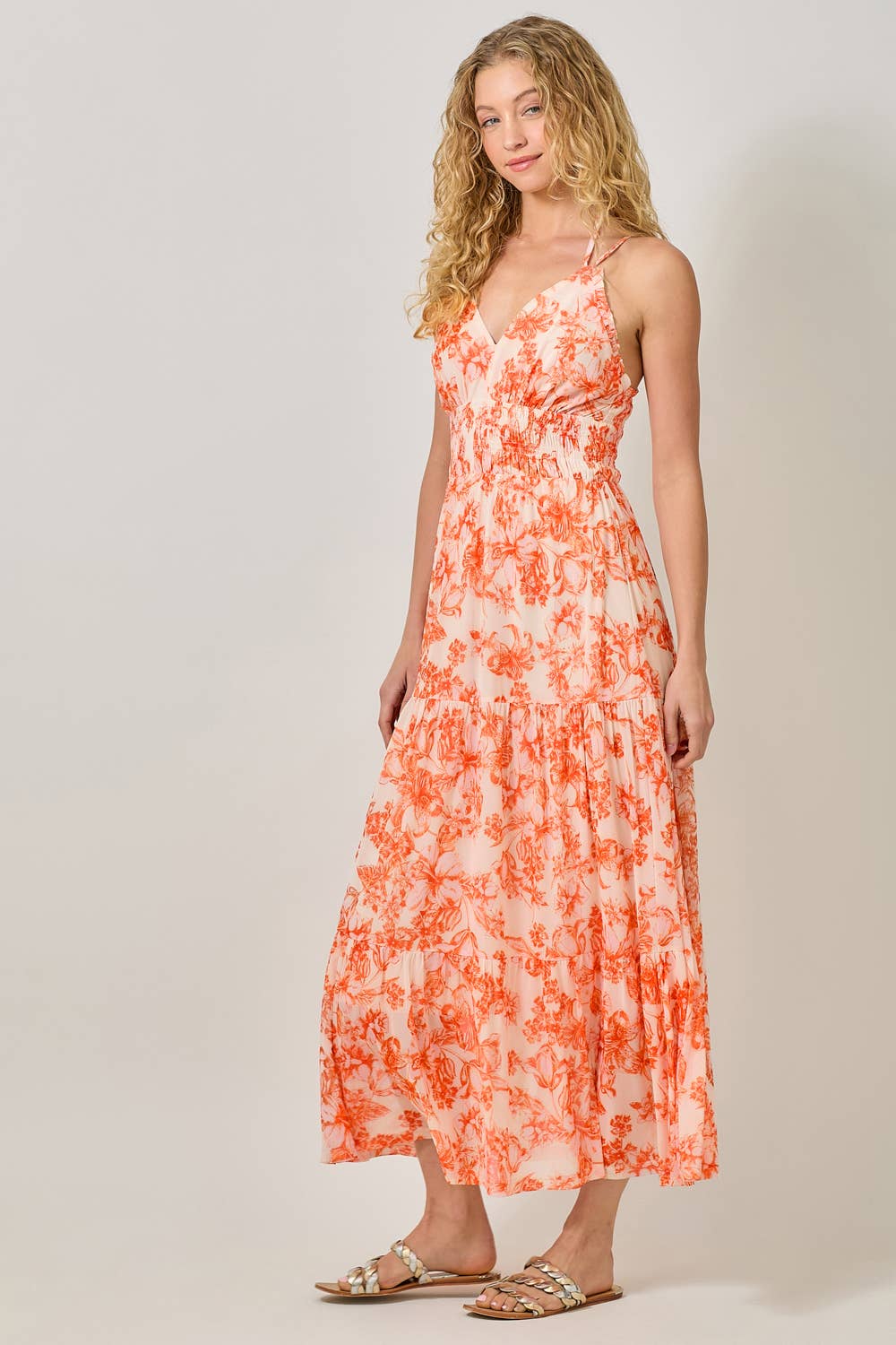 Mystree - 61048 Printed Mesh Long Tiered Dress: Ivory/Pale Blue / Large