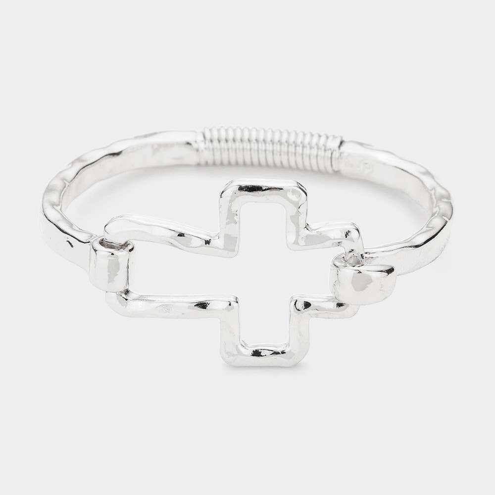 Sensibling Corp. - Hammered Open Metal Cross Hook Bracelet: Worn Gold