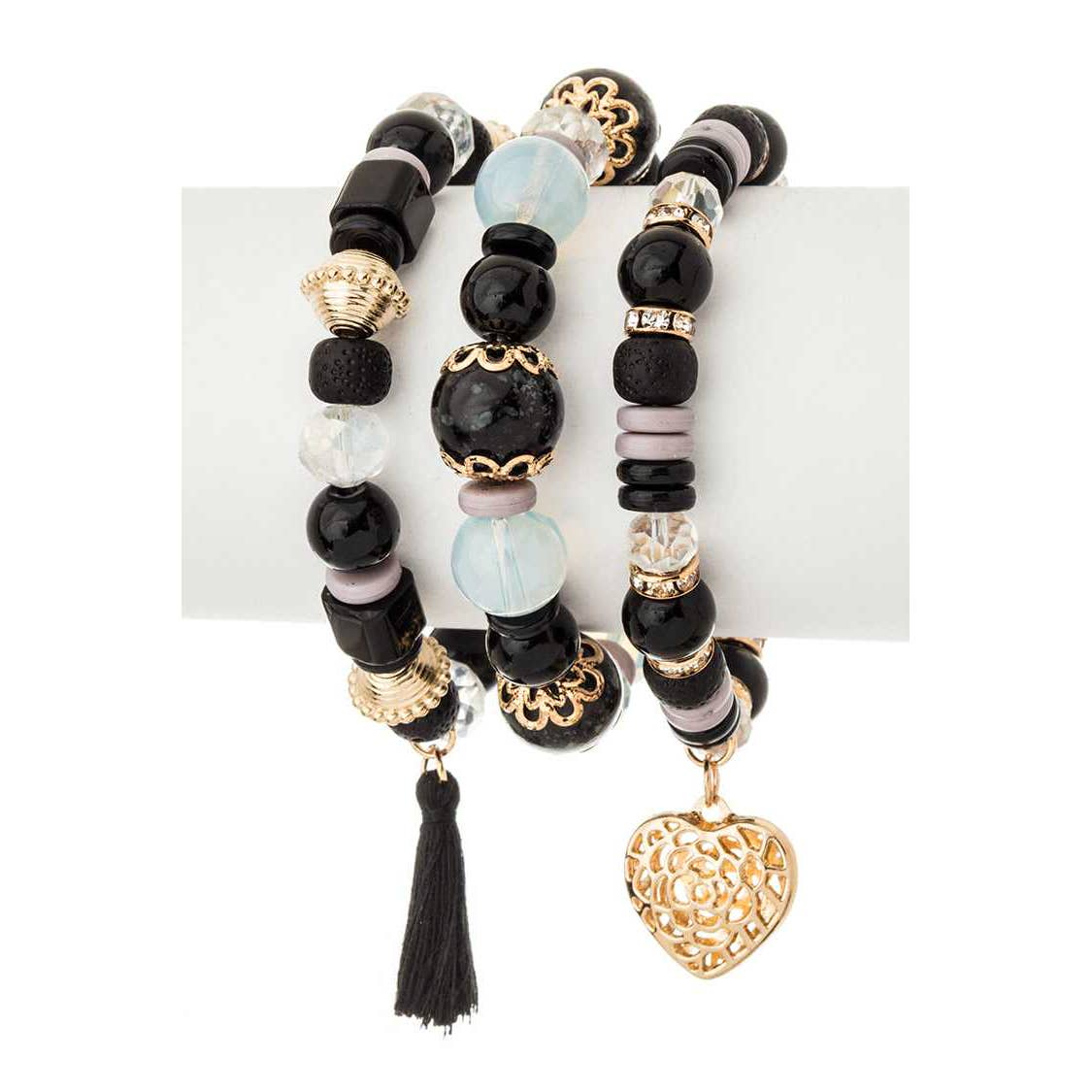 Artini Accessories - Heart Charm Stretch Bracelet Set: Brown