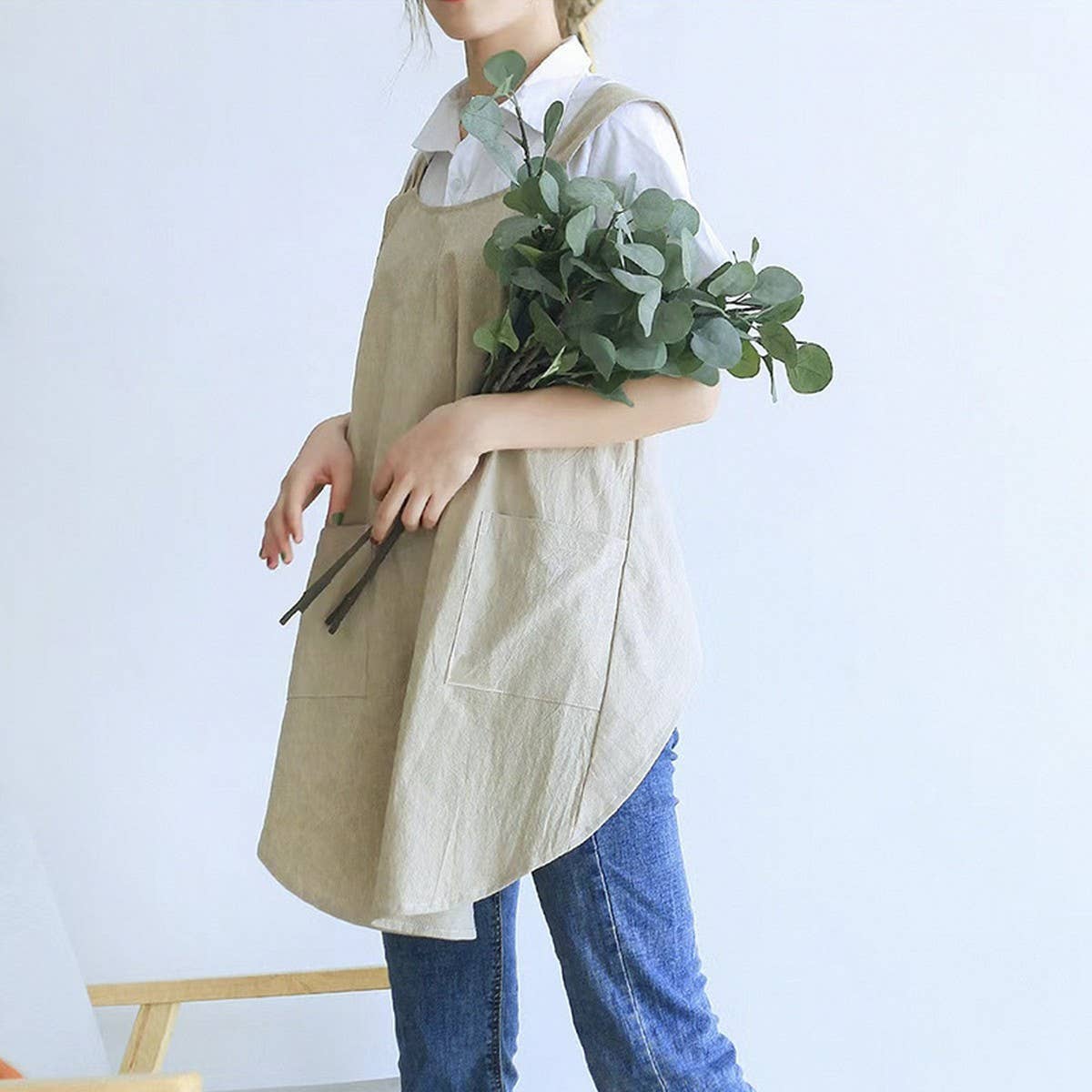 NINEXIS - CWAB3993_COTTON AND LINEN SOLID COLOR TIE-FREE WORK APRON: GREEN / (OS) 1