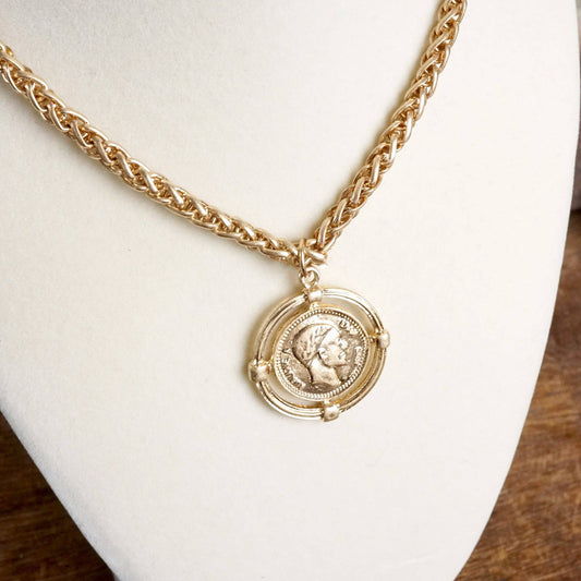 PennyLine inc - Framed Coin Necklace with Worn Gold-Tone Wheat Chain