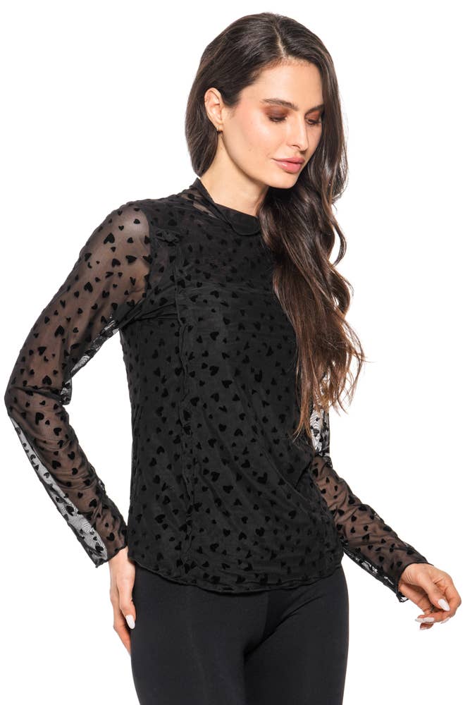 Adore - A435-A - Sheer Velvet Heart Mesh Top – Black: M
