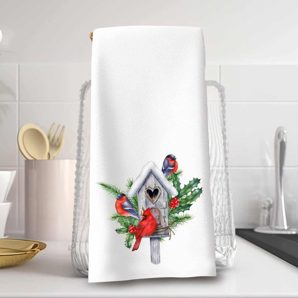 Fernville Creations - Winter Birds Christmas Holiday Elegant Hand Towel
