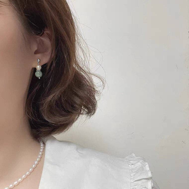 Haengseongworkshop - Surgical Steel 8mm Dark Green Jade 5mm Natural Pearls Earrings