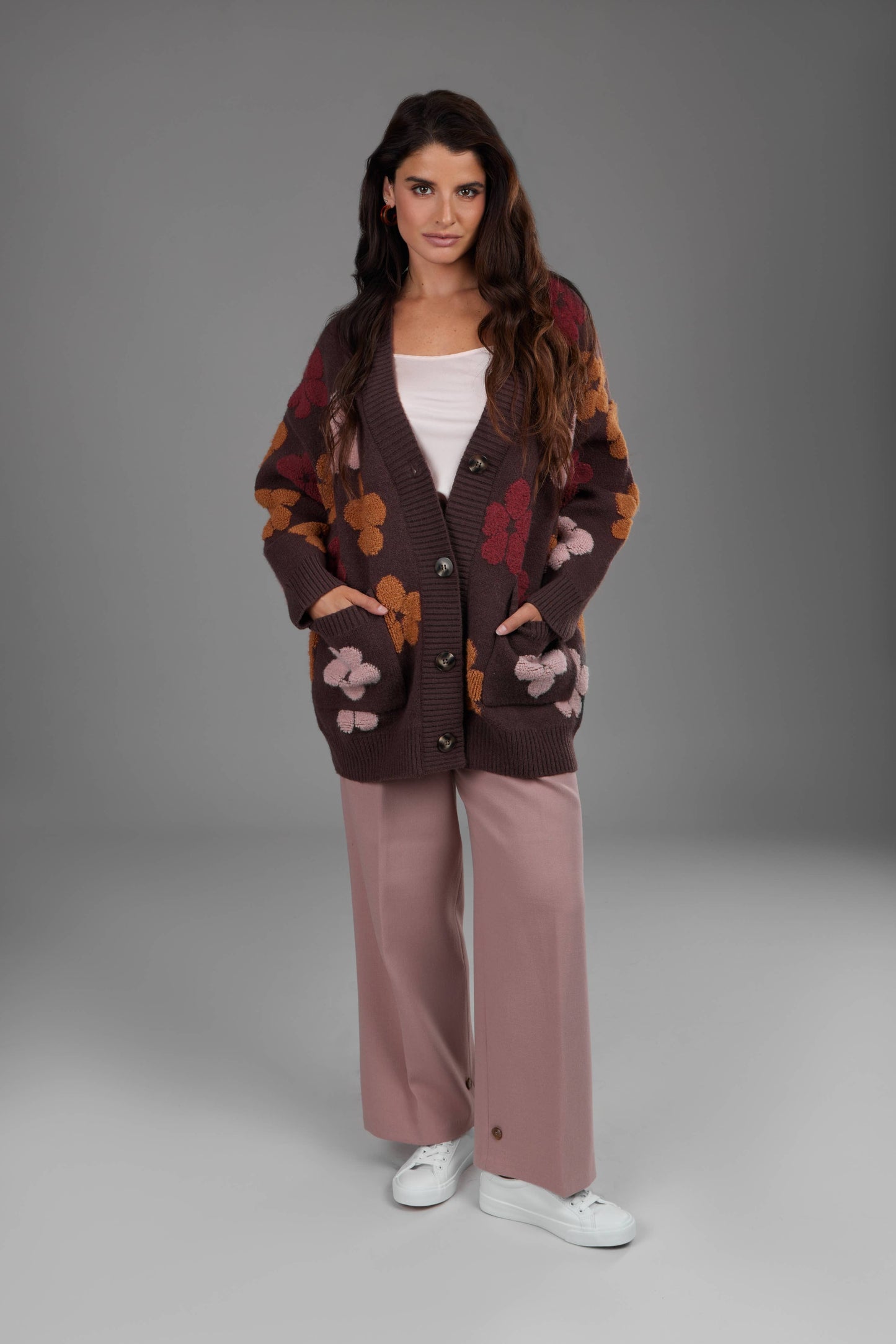 SAACHI - Autumn Floral Knit Cardigan: Beige