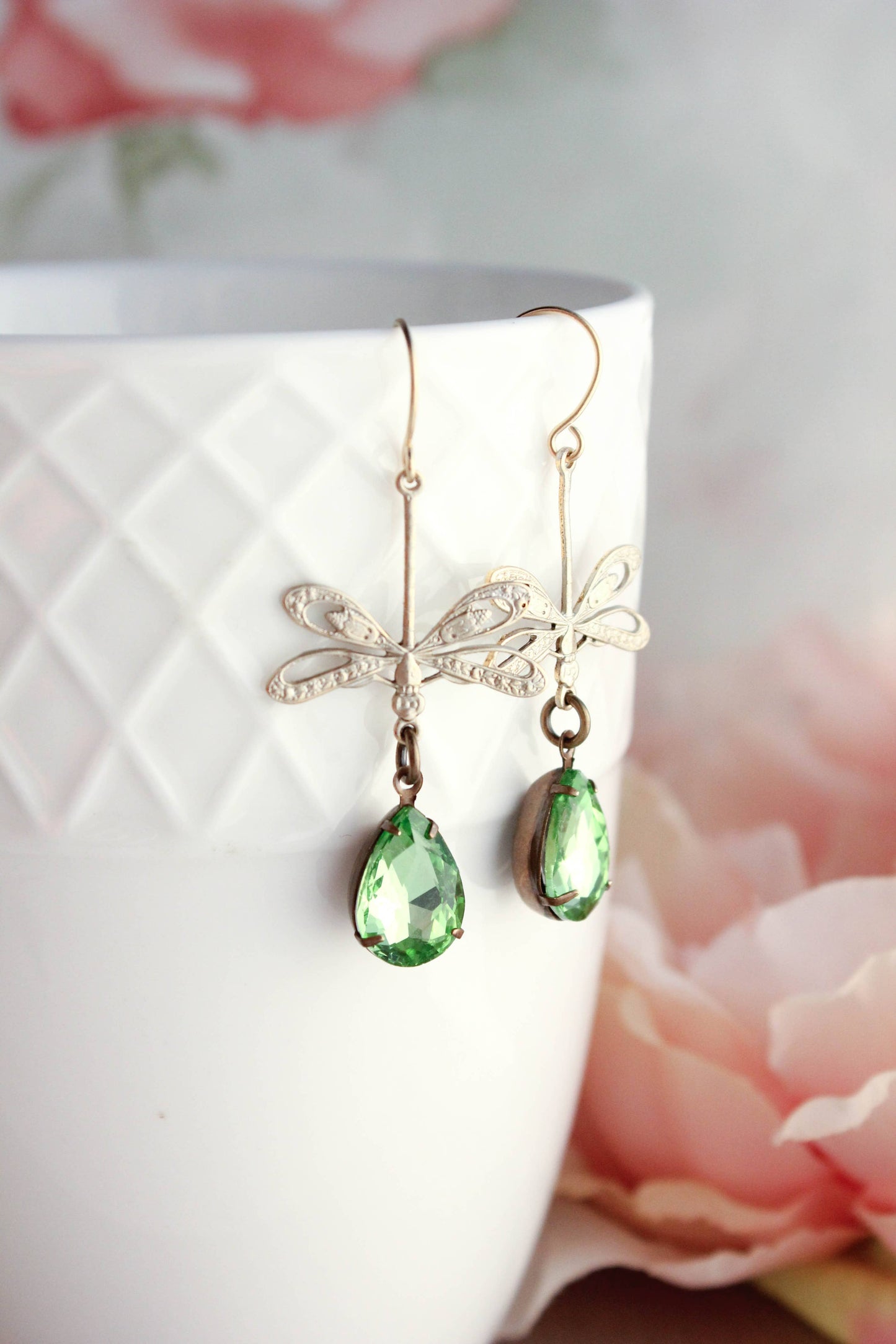 A Pocket of Posies - Dragonfly Earrings - Gold Patina and Green Glass