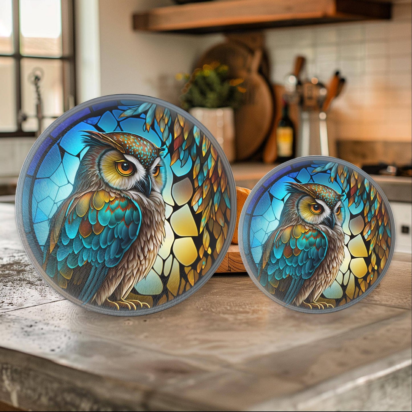 Fernville Creations - Owl Tempered Glass Cutting & Serving Board, Wedding Gift: 12 Inch