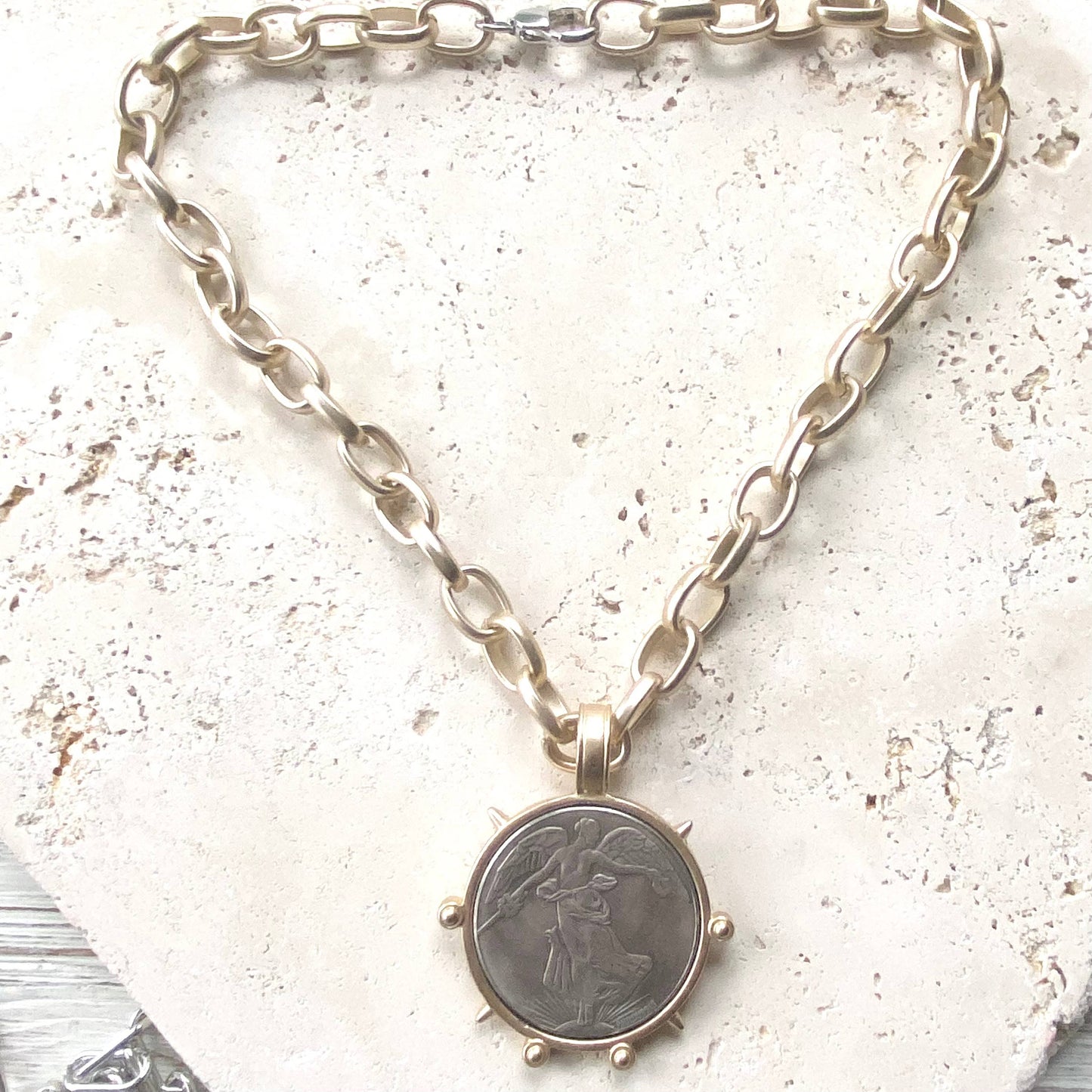 VB&CO Designs Handmade Jewelry - Medallion French Angel coin necklace boutique  jewelry: Matte gold