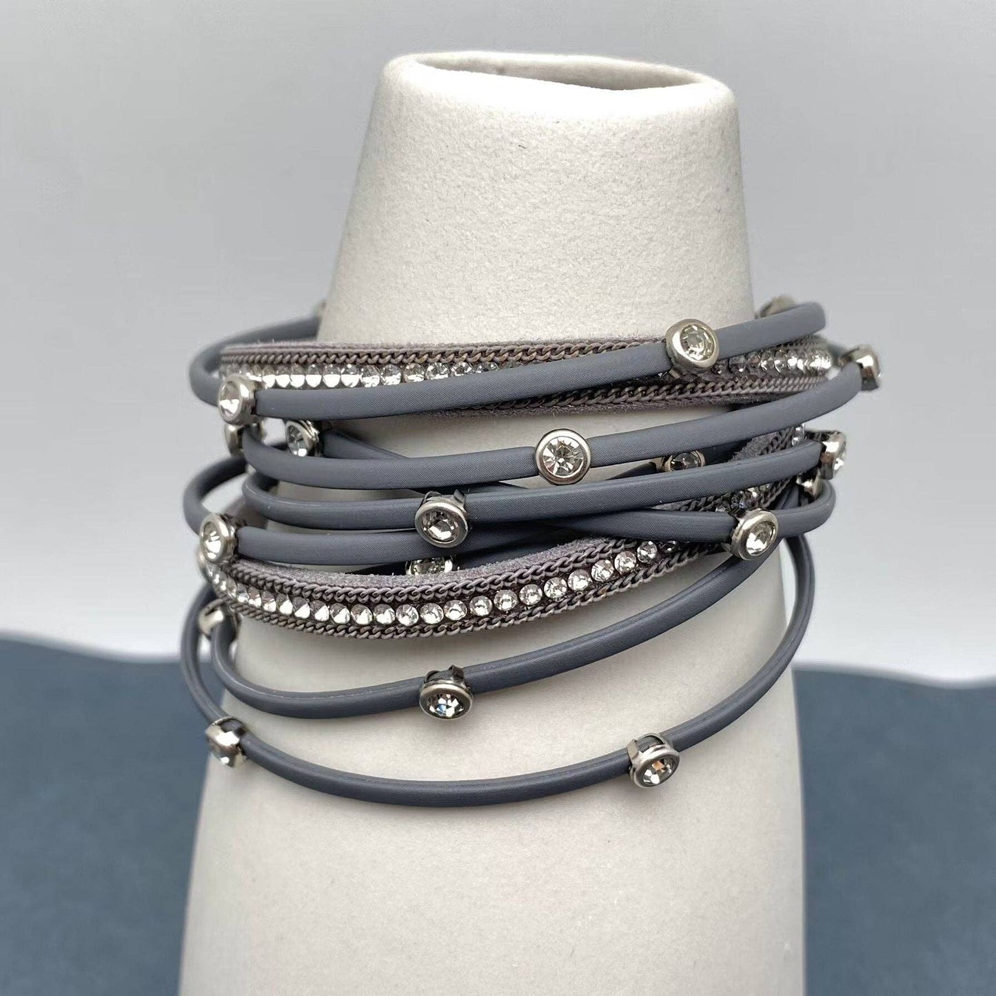 Mio Queena - Cubic Zirconia Multi-layer Leather Magnetic Buckle Bracelet - BJ: Khaki