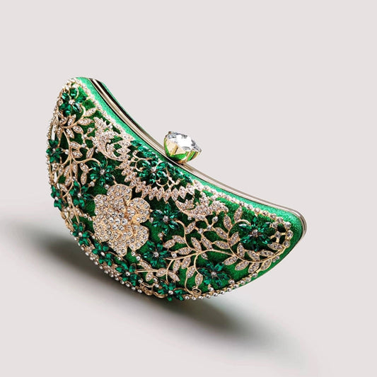 Cici’De Jewelry Amsterdam - Emerald Green Dazzling Half Moon Clutch - Gold Flower Frame