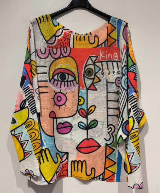 LOOWIE - Eye "Picasso"  V-Neck Knit Printed Long Sleeves Sweater