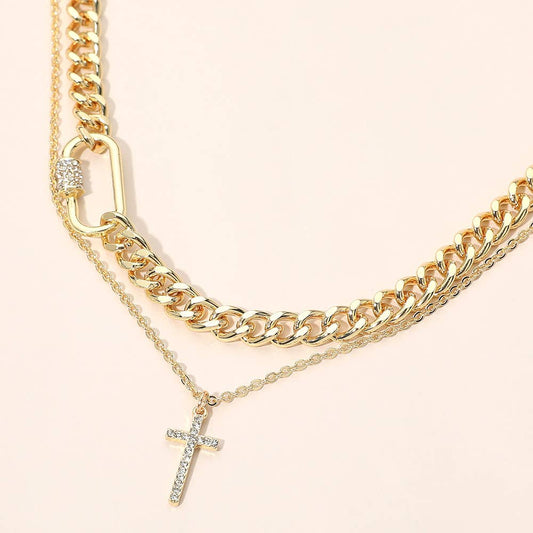 Sensibling Corp. - 2PCS - Gold Dipped Stone Pave Cross Pendant Carabiner Accent Chunky Chain Necklaces: Clear,Gold