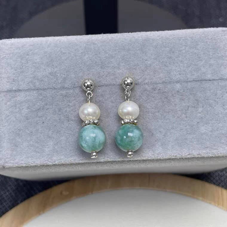 Haengseongworkshop - Surgical Steel 8mm Dark Green Jade 5mm Natural Pearls Earrings
