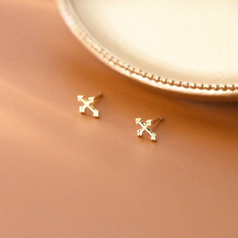 Perimade & Co. LLC - Simple Dainty Cross Stud Earrings in 925 Sterling Silver: Gold