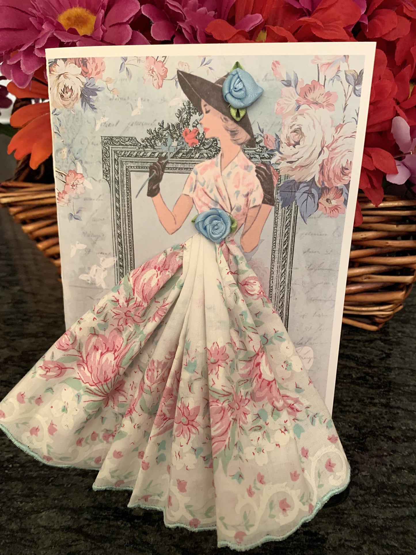 MOMENTS IN THYME - Fashion Ladies Keepsake Hankie Cards: Aqua/Pink