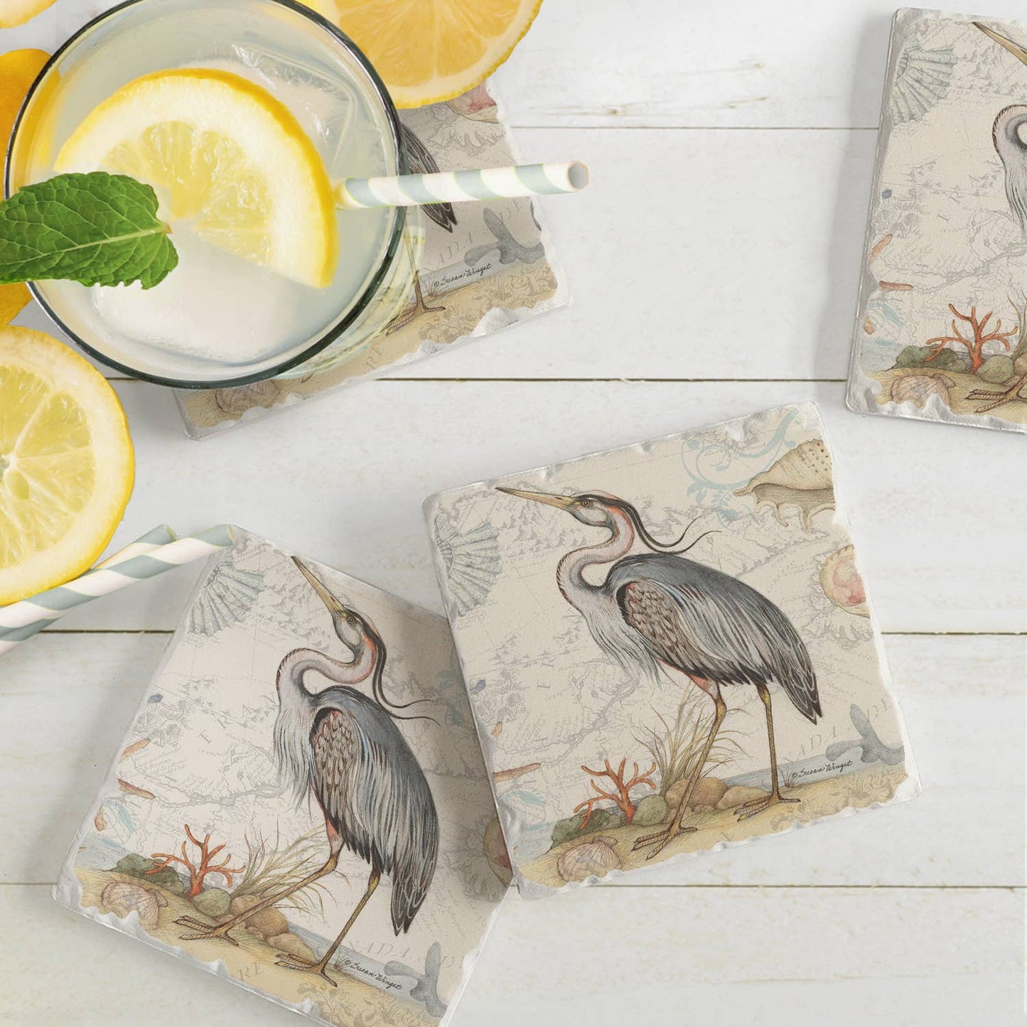 CounterArt/Highland Home/Thirstystone - Shoreline Blue Heron Absorbent Stone Tumbled Tile Coasters