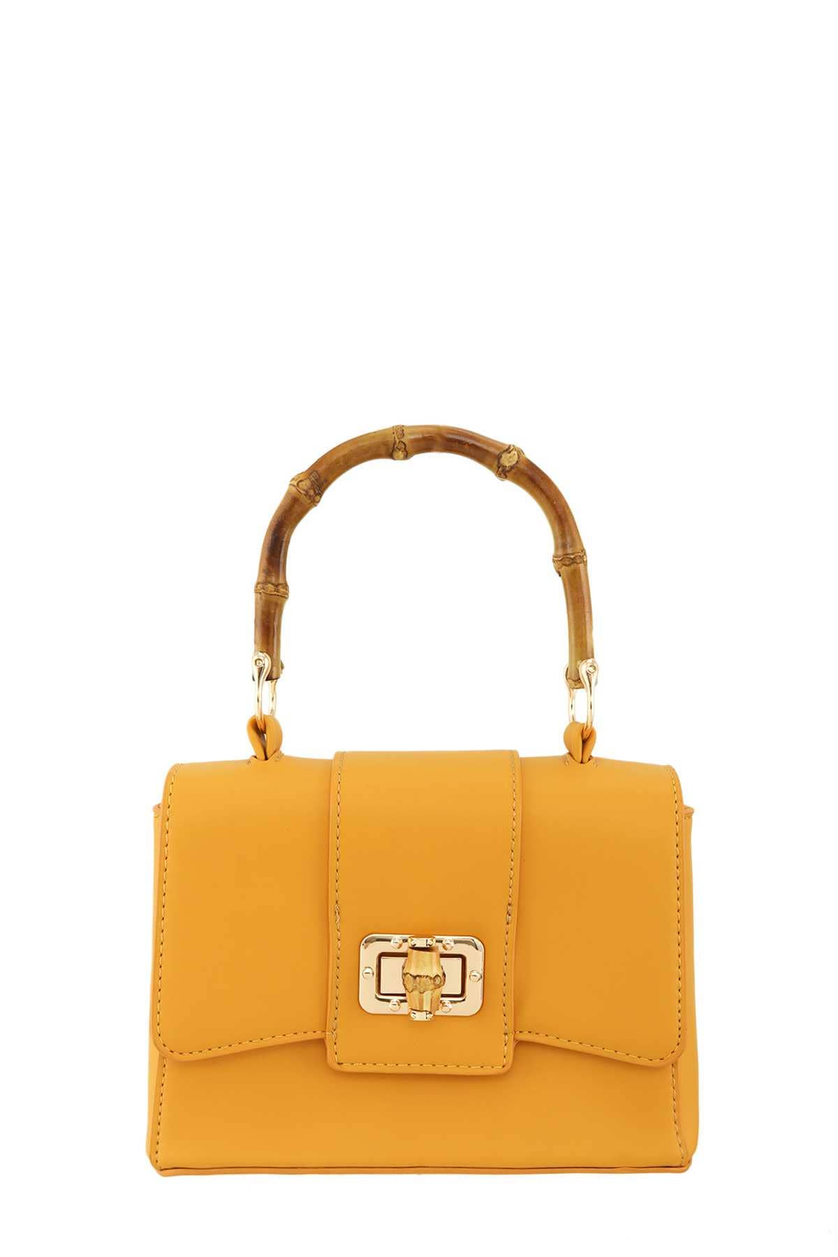 Shop Neighbors - Rectangular Crossbody Bag with Bamboo Handle: MUSTARD