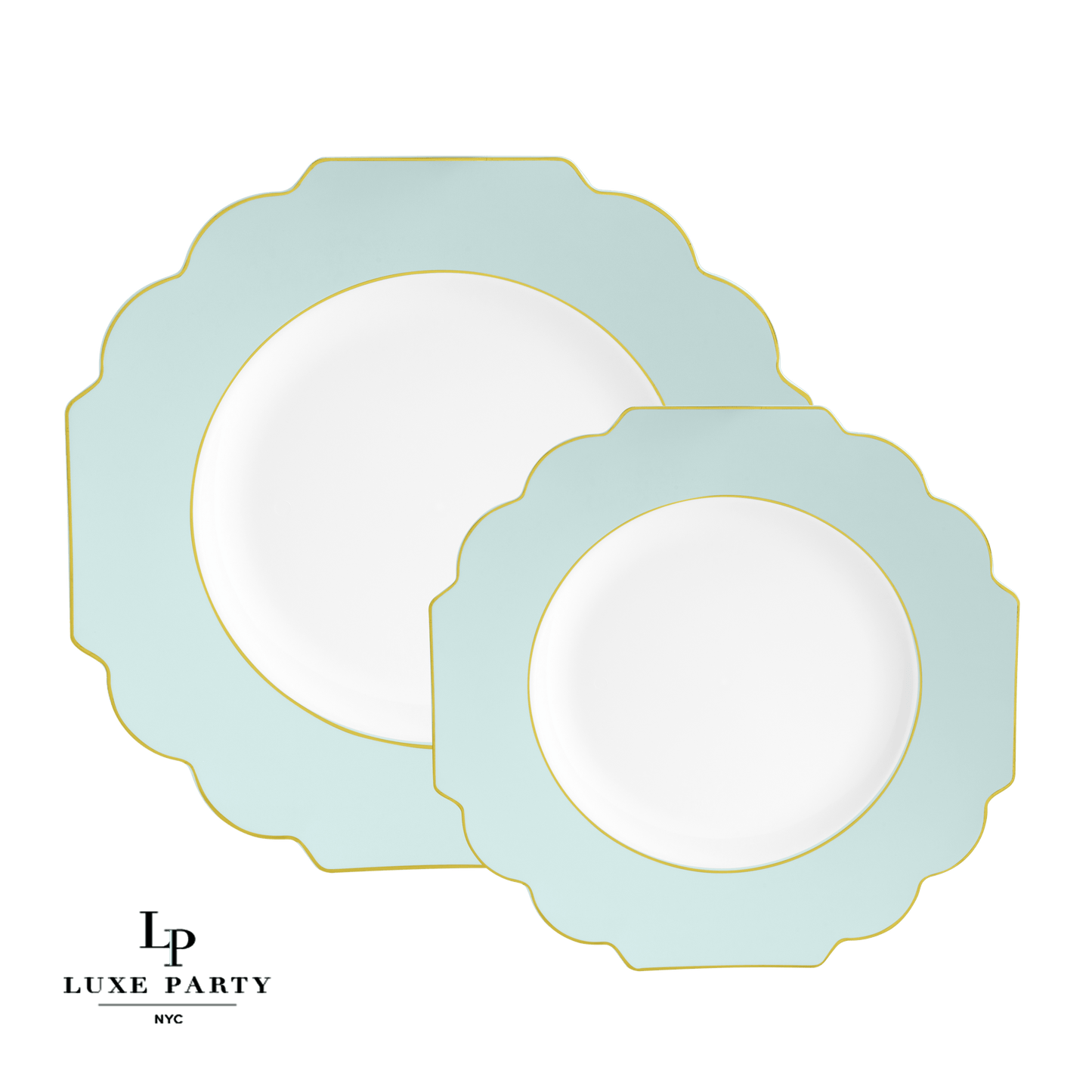 Luxe Party - Scalloped Mint • Gold Plastic Plates | 10 Pack: 10 Plastic Plates / 10.7" Dinner Plates