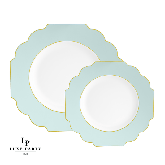 Luxe Party - Scalloped Mint • Gold Plastic Plates | 10 Pack: 10 Plastic Plates / 10.7" Dinner Plates