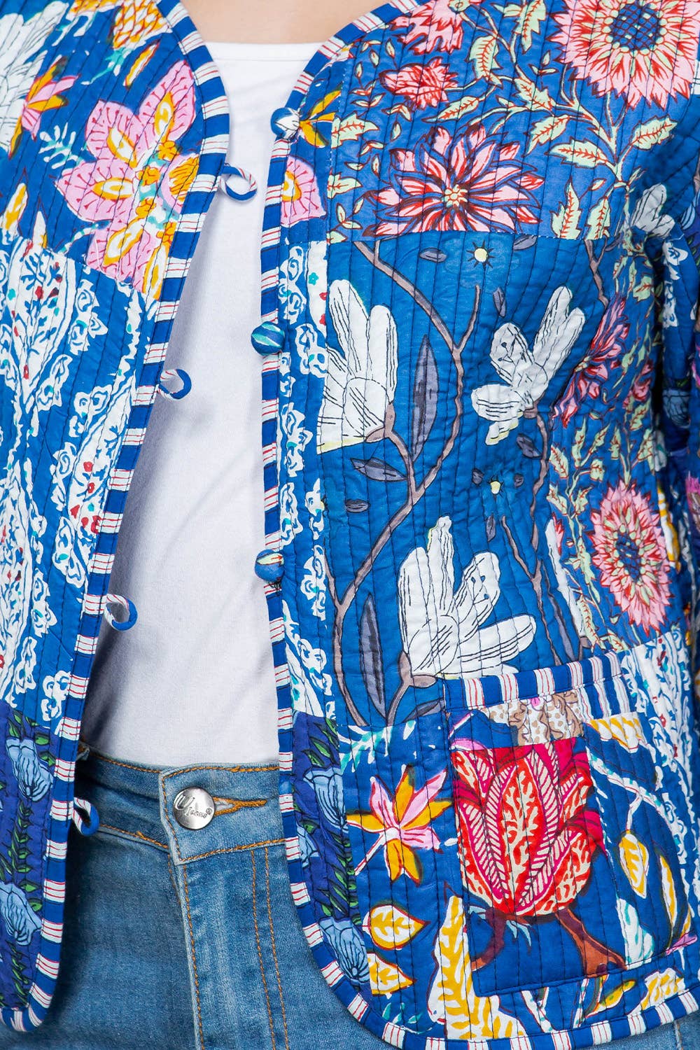 LA Soul - Floral Print Quilted Patch Cotton Jacket - Blue : M