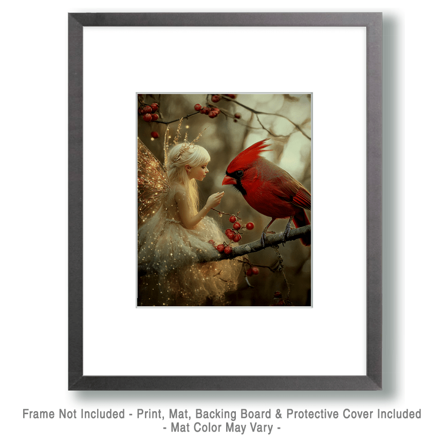 Mowbi - Fairy Talking to a Cardinal (Bird) - Fairies Wall Art Prints – 8″x10″ Artwork for 11″x14″ Frame