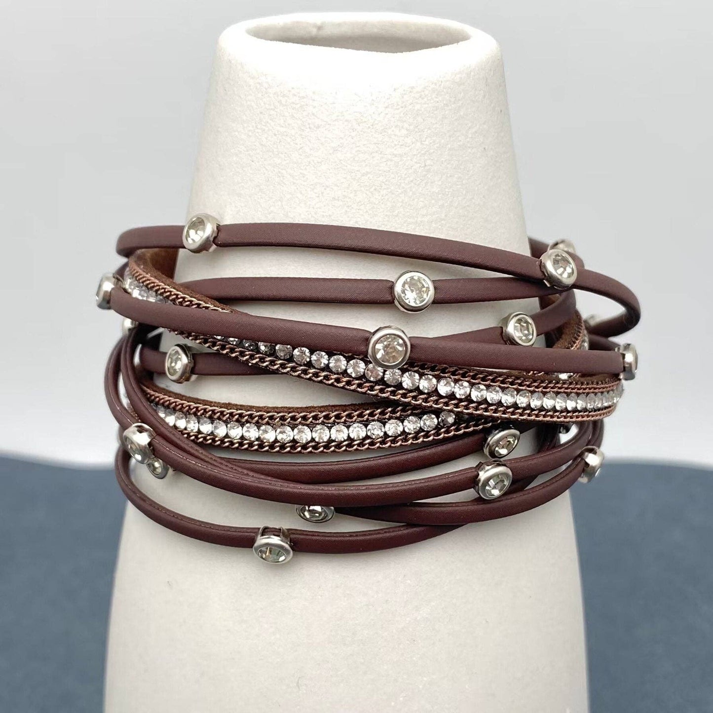 Mio Queena - Cubic Zirconia Multi-layer Leather Magnetic Buckle Bracelet - BJ: Coffee