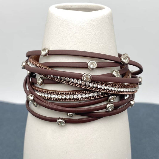 Mio Queena - Cubic Zirconia Multi-layer Leather Magnetic Buckle Bracelet - BJ: Coffee