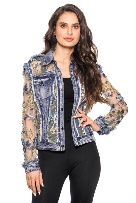 Adore - A7217-87 - Denim Jacket with Floral Embroidery : XL