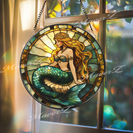 NVC Ecommerce LLC - Mermaid Princess Stained Glass Suncatcher, Sea Fantasy: 11.8in