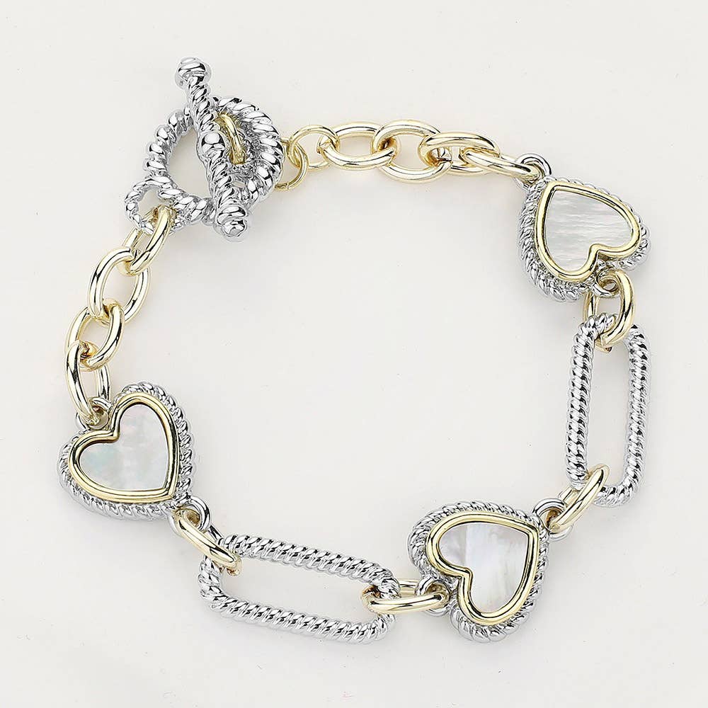 Sensibling Corp. - 14K Gold Plated Paved Heart Textured Link Toggle Bracelet: PAVE