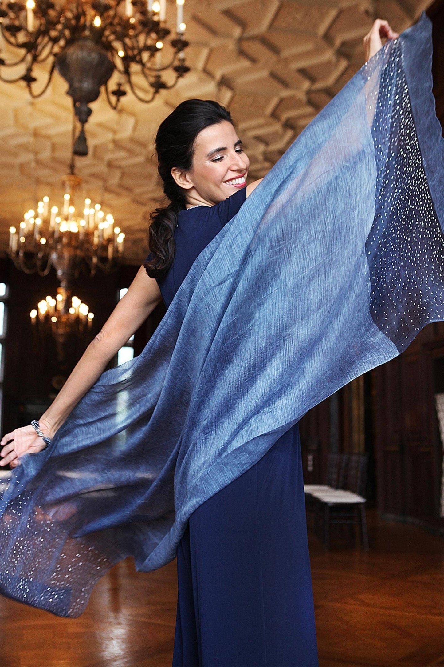 SAACHI - Star Gazer Wool Blend Sparkle Silk Scarf: Ivory