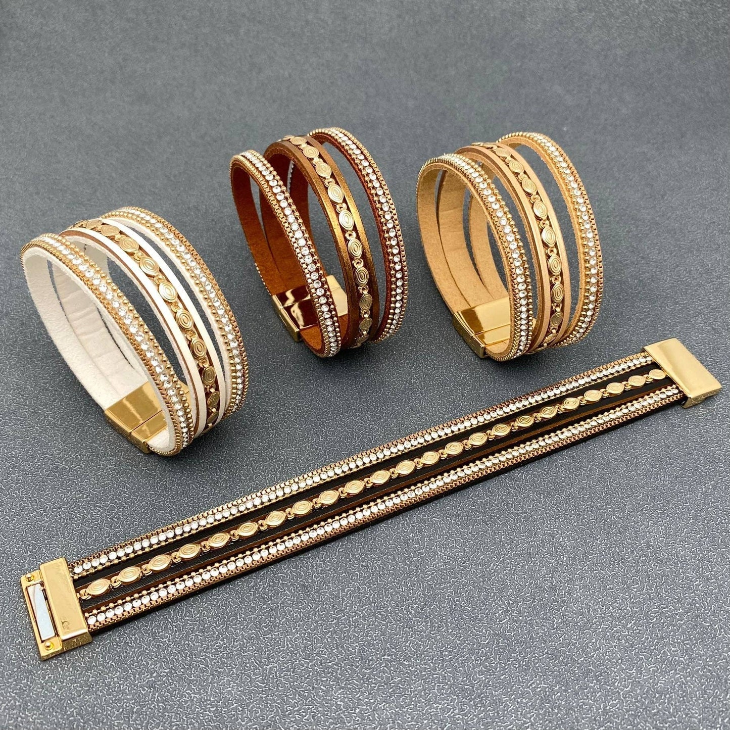 Mio Queena - LB - Sparkling Rhinestone & Leather Triple-Layer Boho Bracelet: Brown