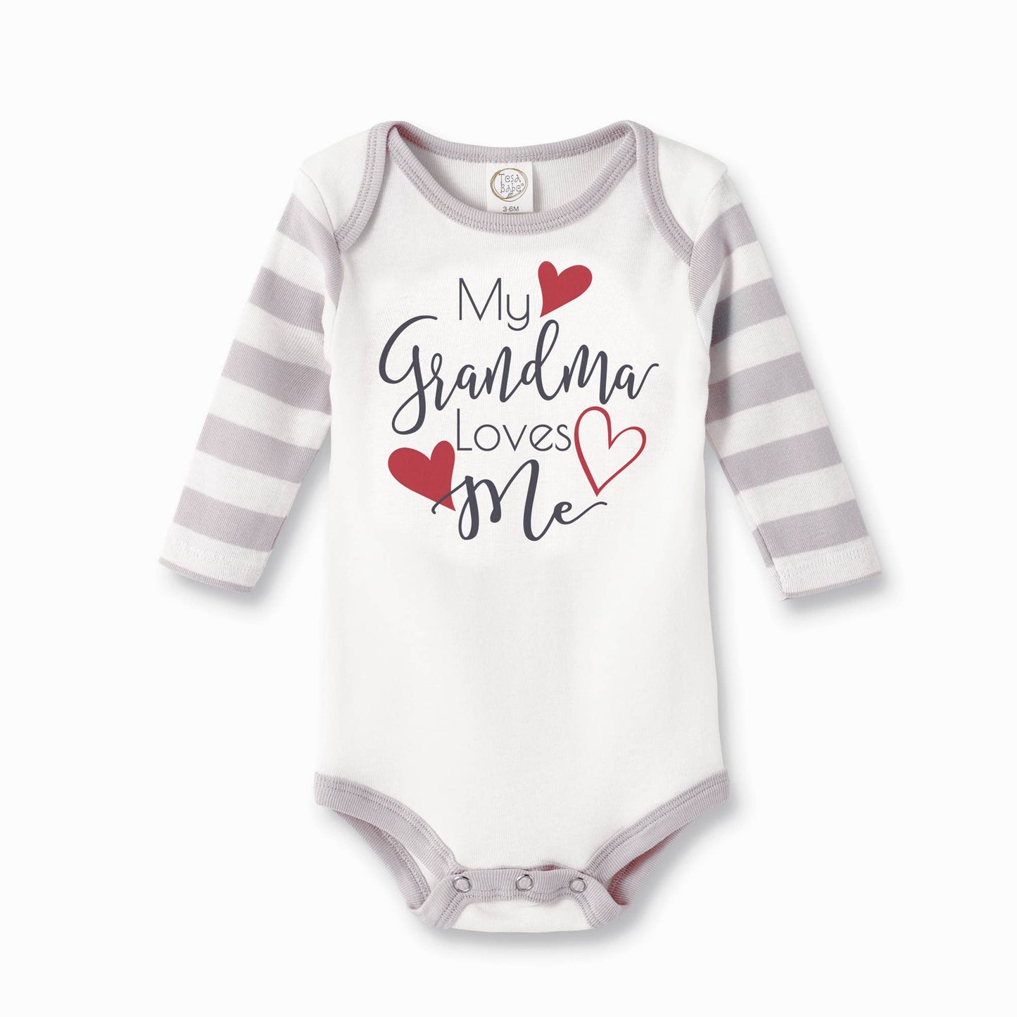 Tesa Babe - My Grandma Loves Me Cotton Grey Stripe Baby Bodysuit: 3-6M