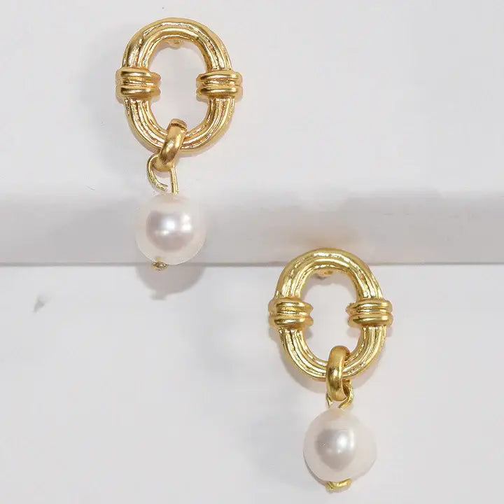 KARINE SULTAN - Ornamented link with creamy white genuine fresh pearl drop: Silver