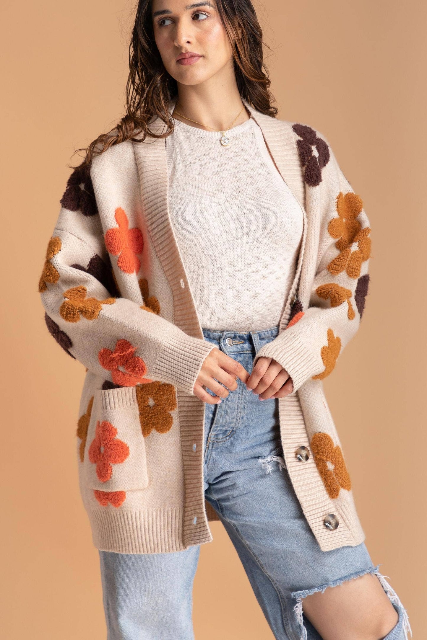 SAACHI - Autumn Floral Knit Cardigan: Beige