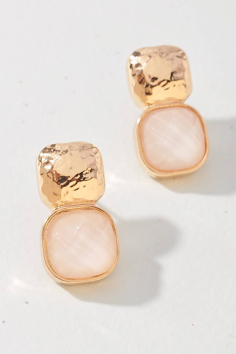 anbfashion - HAMMERED METAL SQUARE STONE EARRING : Gdgrn
