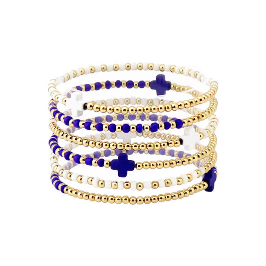 What's Hot - Gameday Set of 6 Blue and White Beaded Stretch Bracelets, Very Popular!