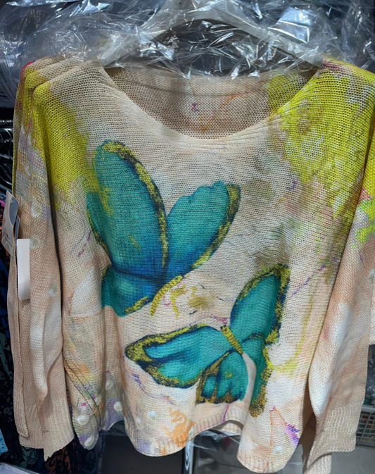 LOOWIE - C1002 Blue Butterfly Printed Spring Long Sleeves Sweater