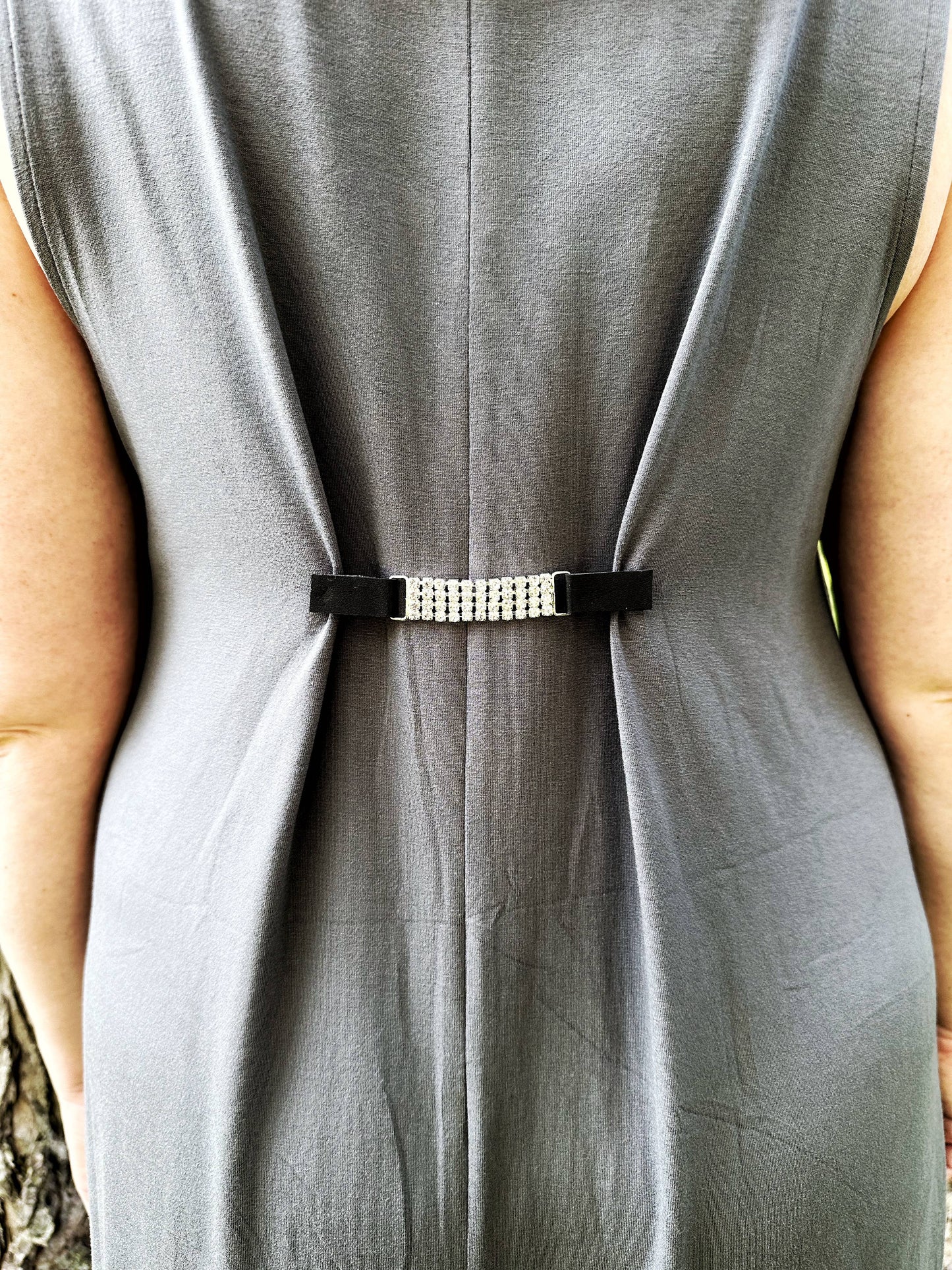 KardiKlips - Rhinestones & White Leather Straight Cinch Clip for Dresses