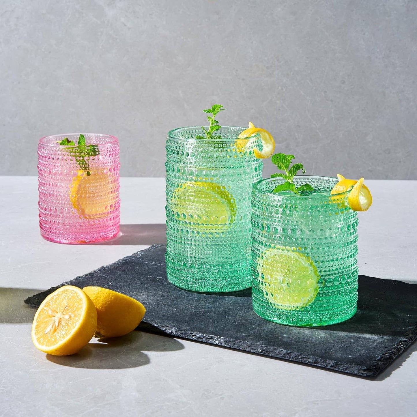 The Wine Savant /  Khen Glassware - Hobnail Drinking Glasses Colored Beaded Drinking Set of 12