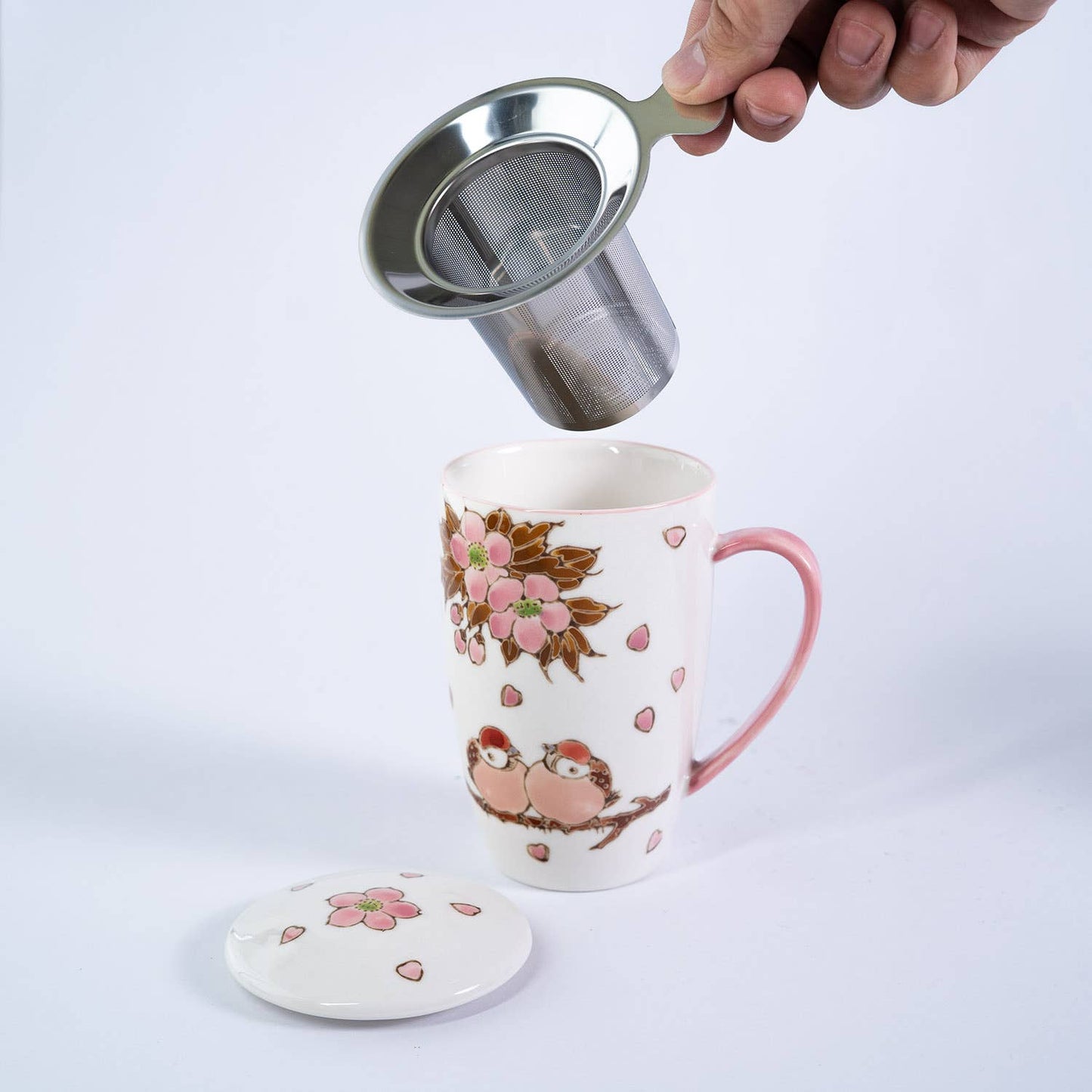 Urban Tokyo - Twin Sparrows Cherry Blossoms Design 15oz Tea Mugs with Lid and Infuser for Loose Leaf Tea (4/32)