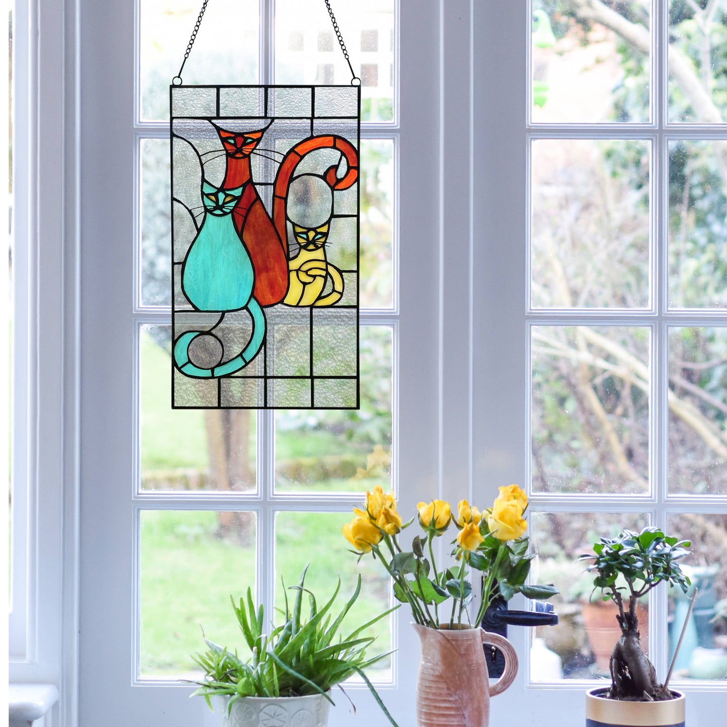 River of Goods - 14"H Coy Cats Trio Stained Glass Window Panel