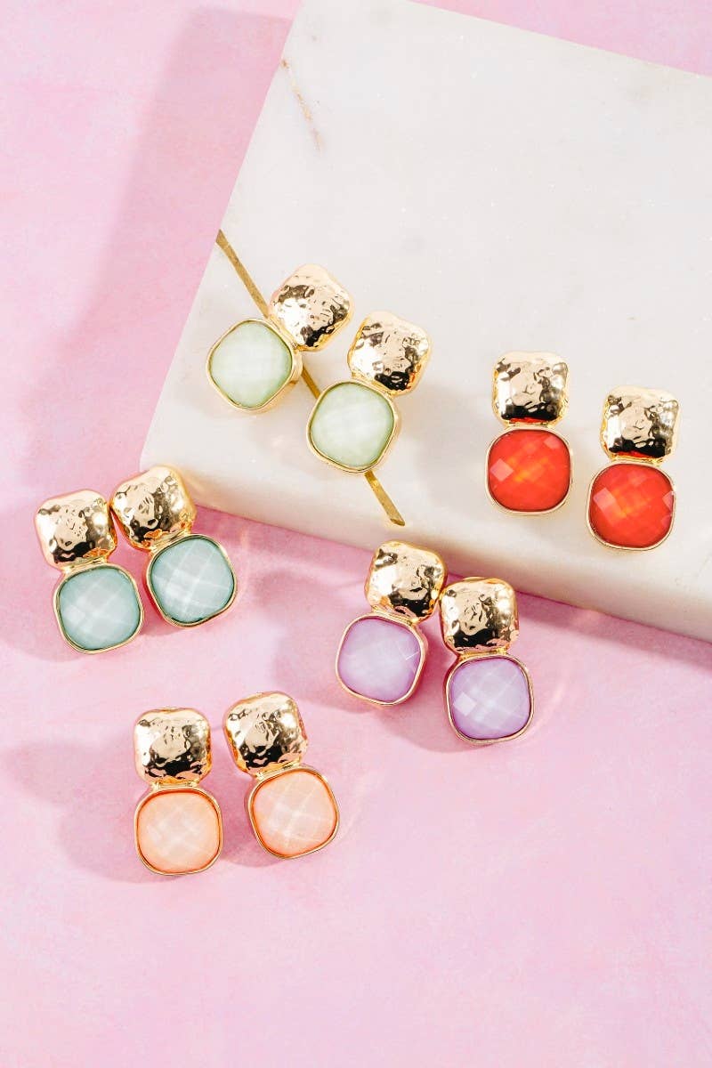 anbfashion - HAMMERED METAL SQUARE STONE EARRING : LVD